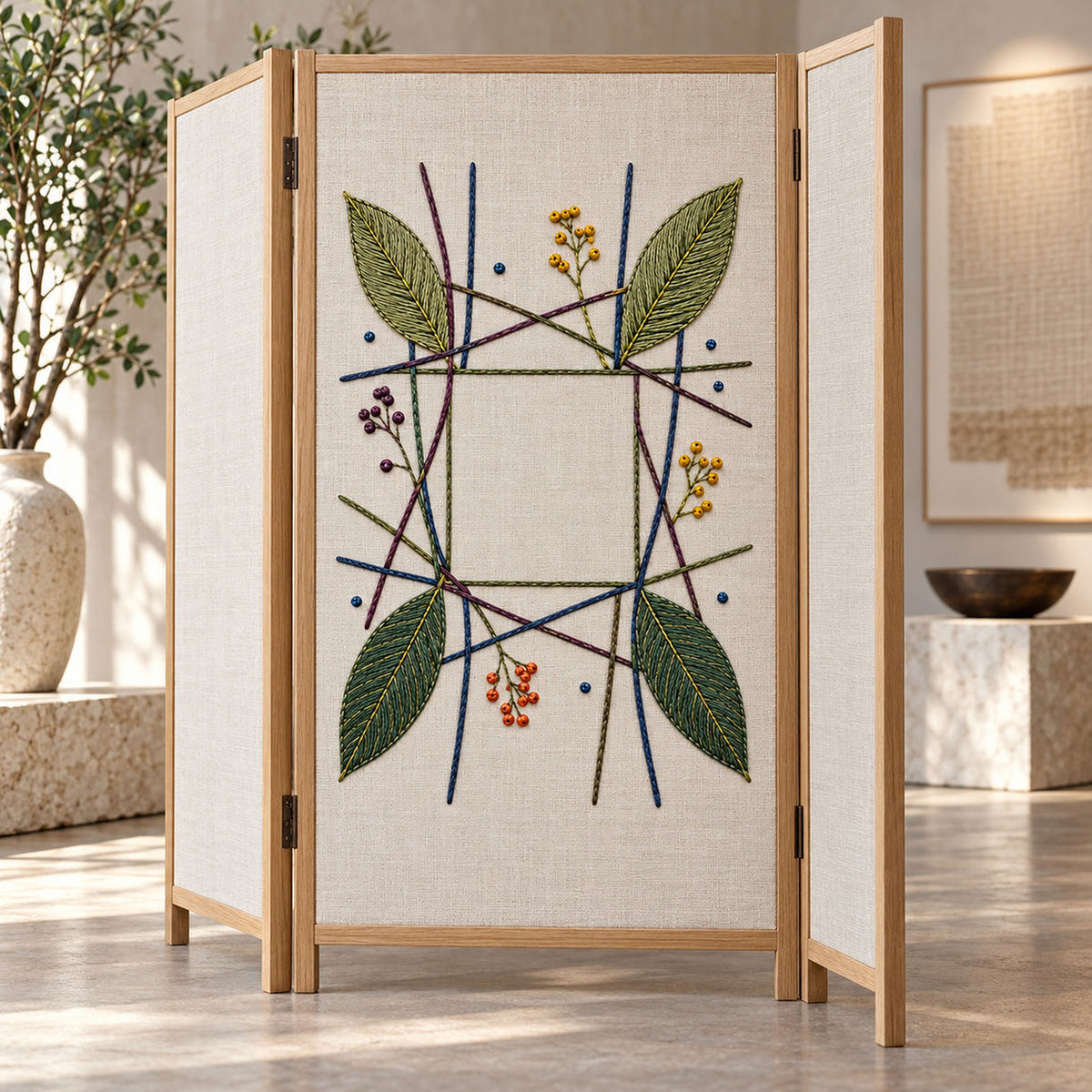 Framed botanical textile mockup featuring the Woven Leaf Grid hand embroidery design. Cool blue and pine-green leaf stems cross an open woven grid.
