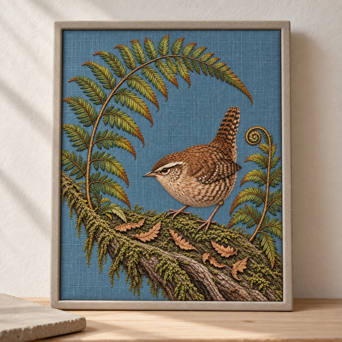 Wren Inside the Fern Gate visual mockup shown on a cloth portfolio cover, with the design on muted slate-blue linen.