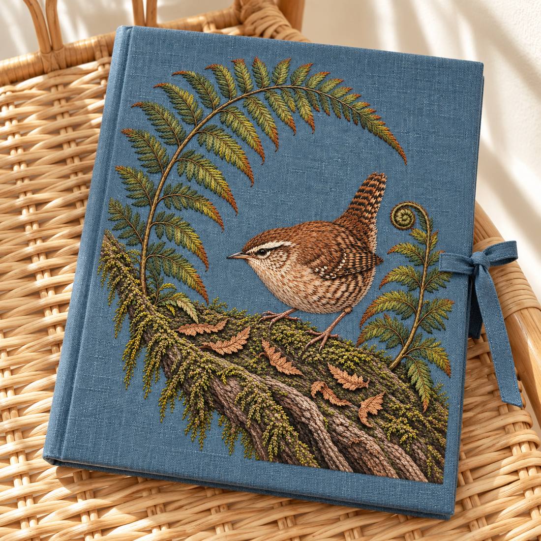 Wren Inside the Fern Gate visual mockup shown on a textile runner over a console, with the design on muted slate-blue linen.