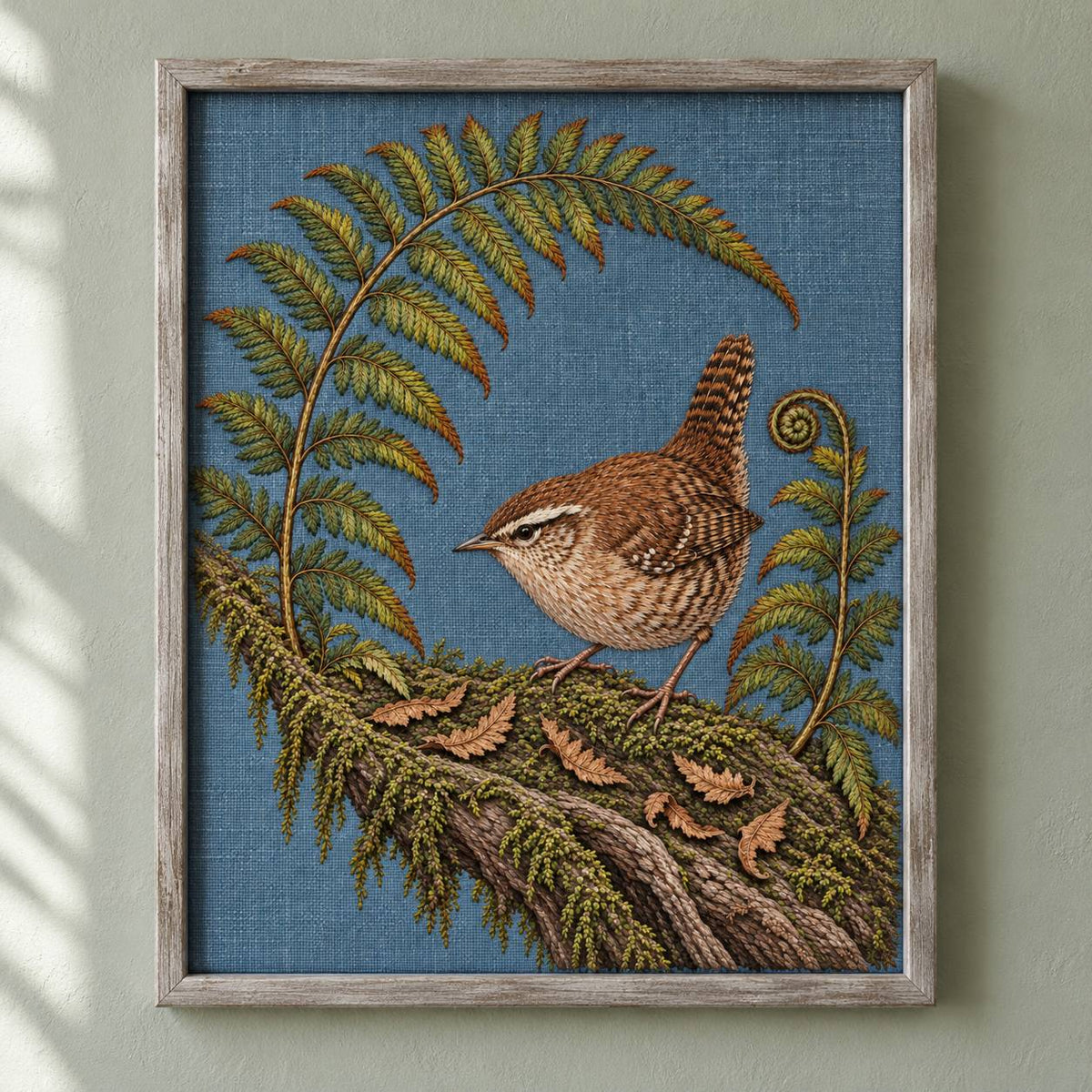 Wren Inside the Fern Gate visual mockup shown as a framed textile in a gallery niche, with the design on muted slate-blue linen.