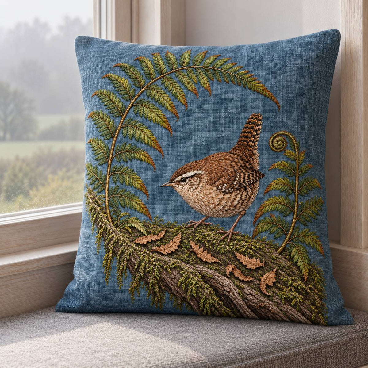 Wren Inside the Fern Gate visual mockup shown on a cushion in a lounge chair, with the design on muted slate-blue linen.