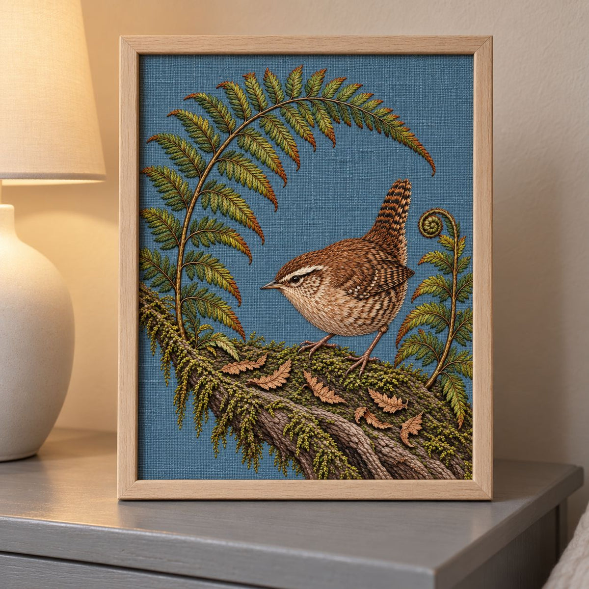 Wren Inside the Fern Gate visual mockup shown in a frame leaning on a mantel, with the design on muted slate-blue linen.