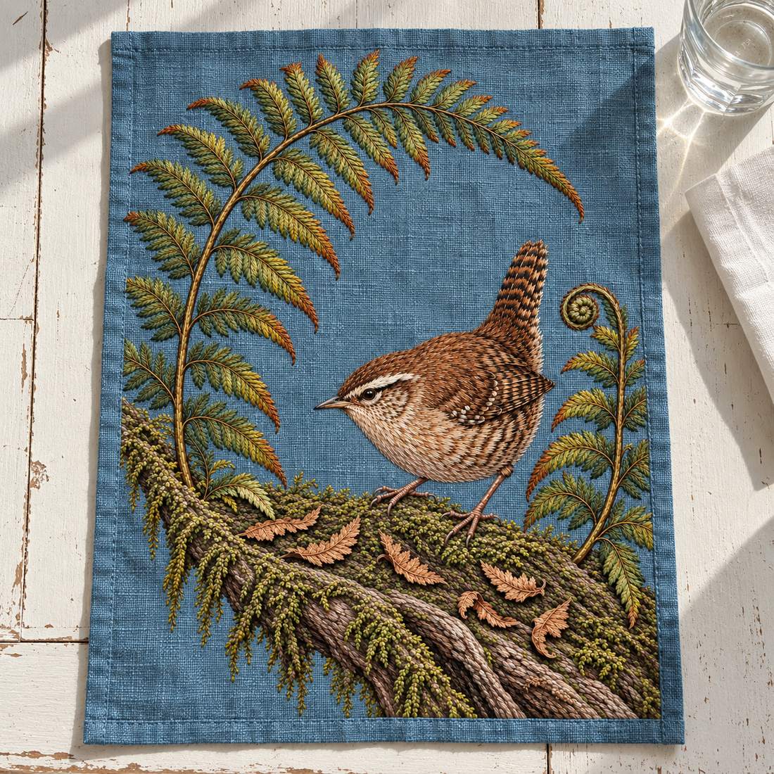 Wren Inside the Fern Gate visual mockup shown as a textile panel on a stone platform, with the design on muted slate-blue linen.