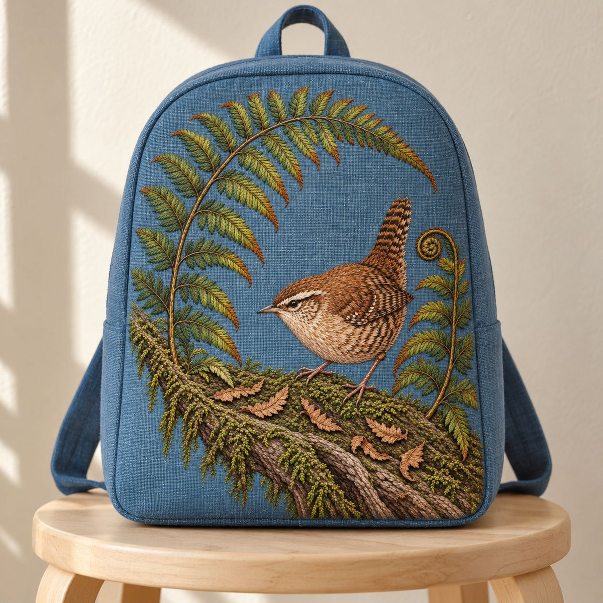 Wren Inside the Fern Gate visual mockup shown on the front of a structured linen tote, with the design on muted slate-blue linen.