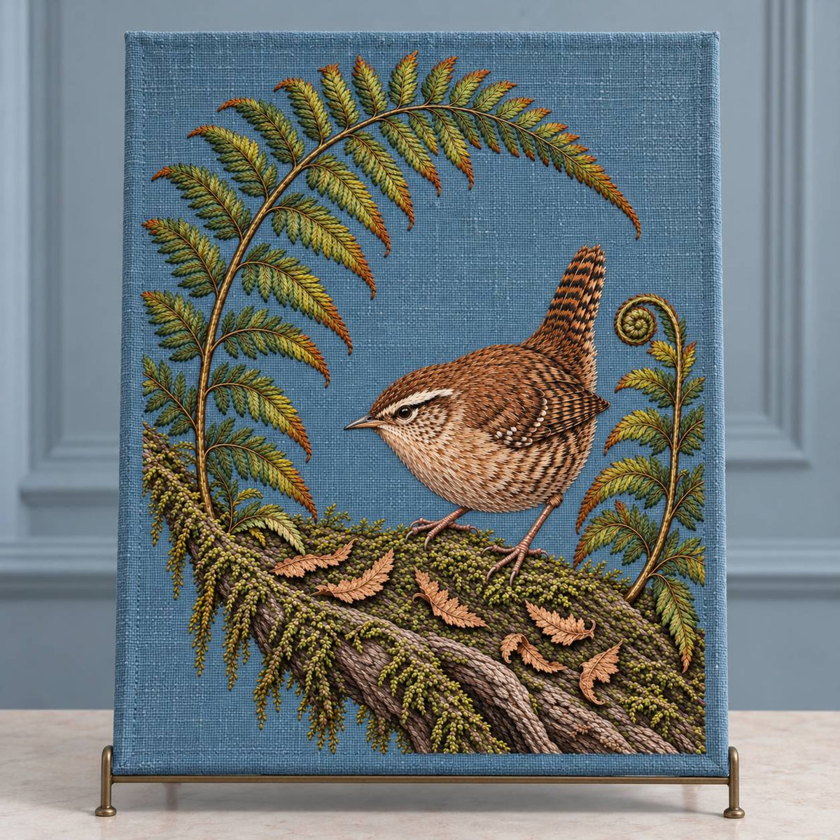 Wren Inside the Fern Gate visual mockup shown as a textile panel in a collection tray, with the design on muted slate-blue linen.