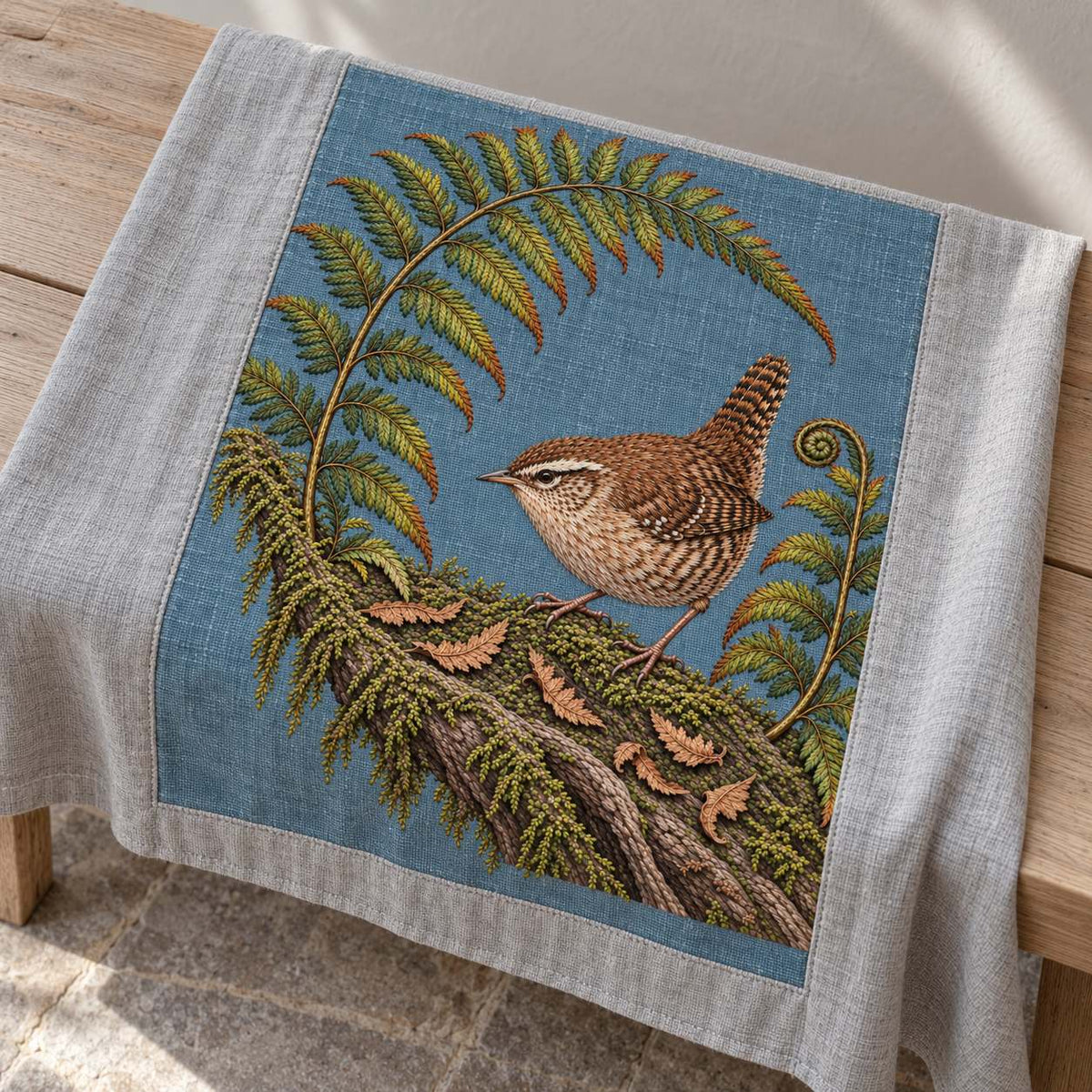 Wren Inside the Fern Gate visual mockup shown on a cushion beside a window, with the design on muted slate-blue linen.