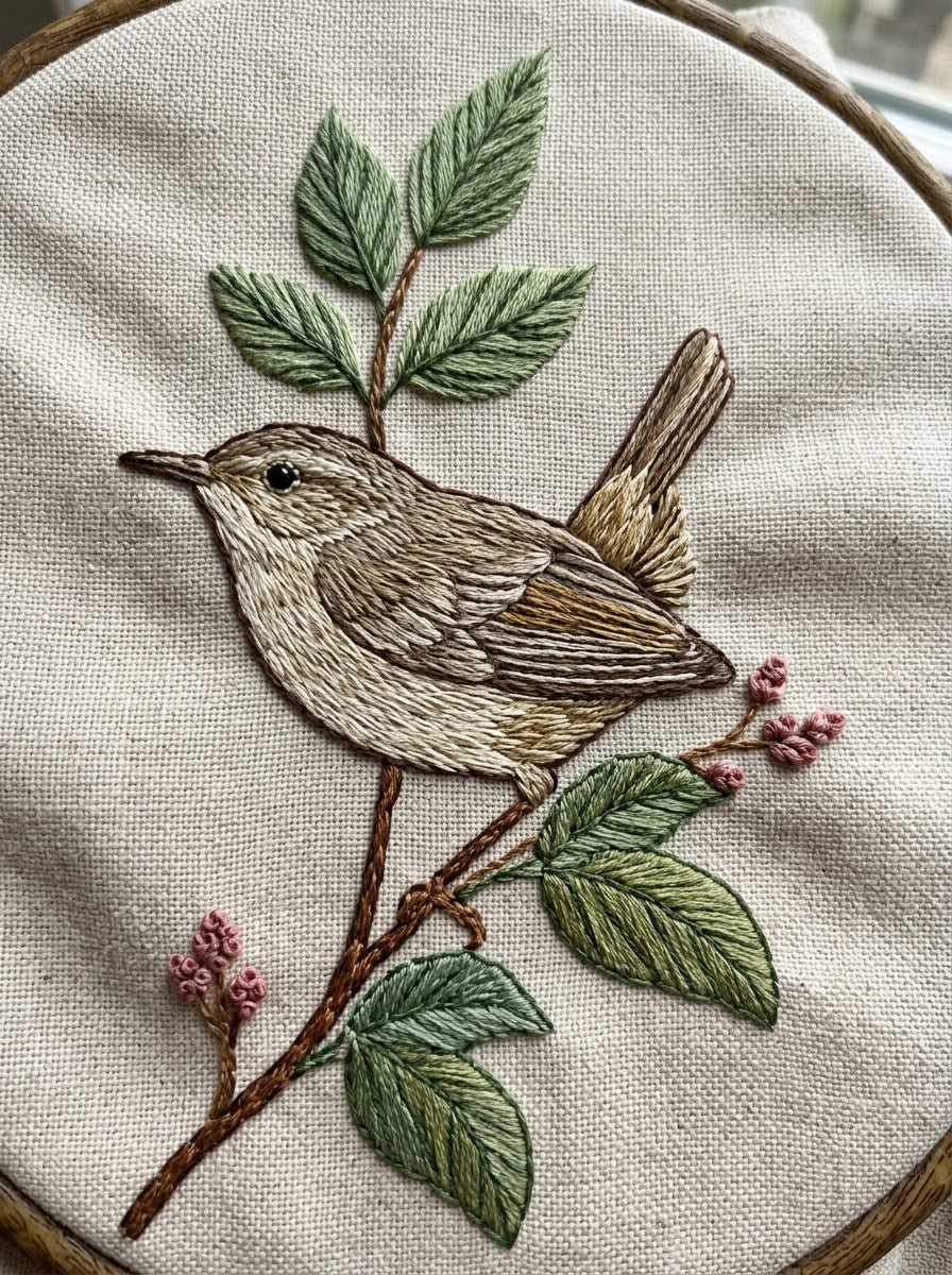 Wren On Leafy Branch Birds from Birds Embroidery Book 4, a digital embroidery design reference for machine embroidery designs, embroidery patterns and botanical and floral embroidery.