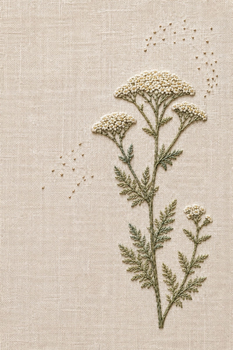 Illustrative embroidery design: Ivory yarrow heads sit above tapered olive leaves, with old-gold seed marks scattered nearby.