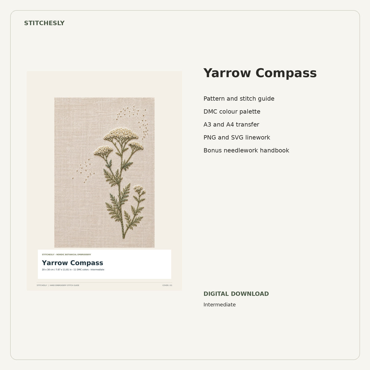 Yarrow Compass PDF stitch guide cover, pattern files and bonus needlework handbook.