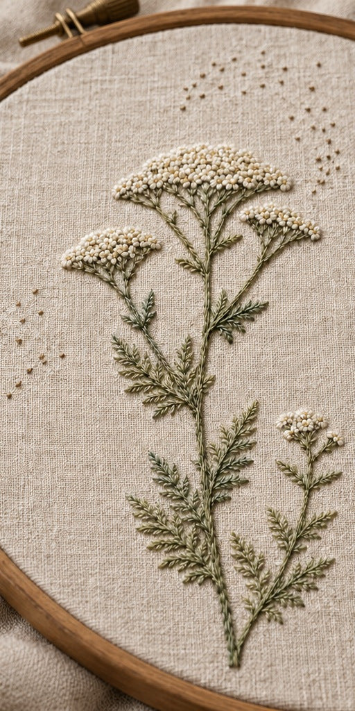 Close view of linen embroidery mockup featuring the Yarrow Compass hand embroidery design. Ivory yarrow heads sit above tapered olive leaves, with old-gold seed marks scattered nearby.