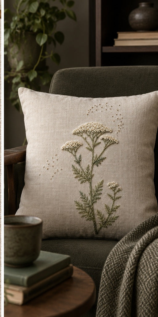 Cushion on a chair mockup featuring the Yarrow Compass hand embroidery design. Ivory yarrow heads sit above tapered olive leaves, with old-gold seed marks scattered nearby.