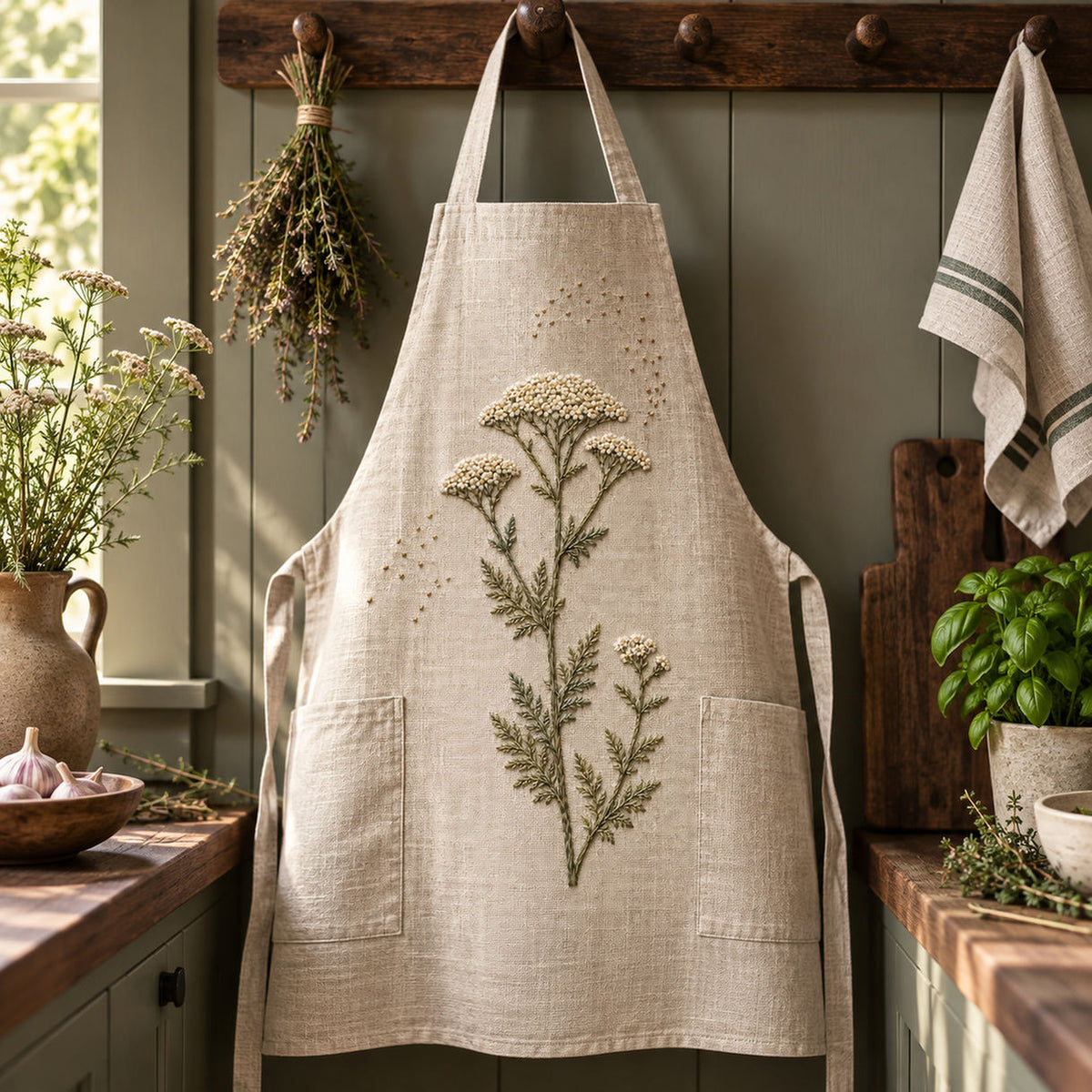 Linen apron mockup featuring the Yarrow Compass hand embroidery design. Ivory yarrow heads sit above tapered olive leaves, with old-gold seed marks scattered nearby.
