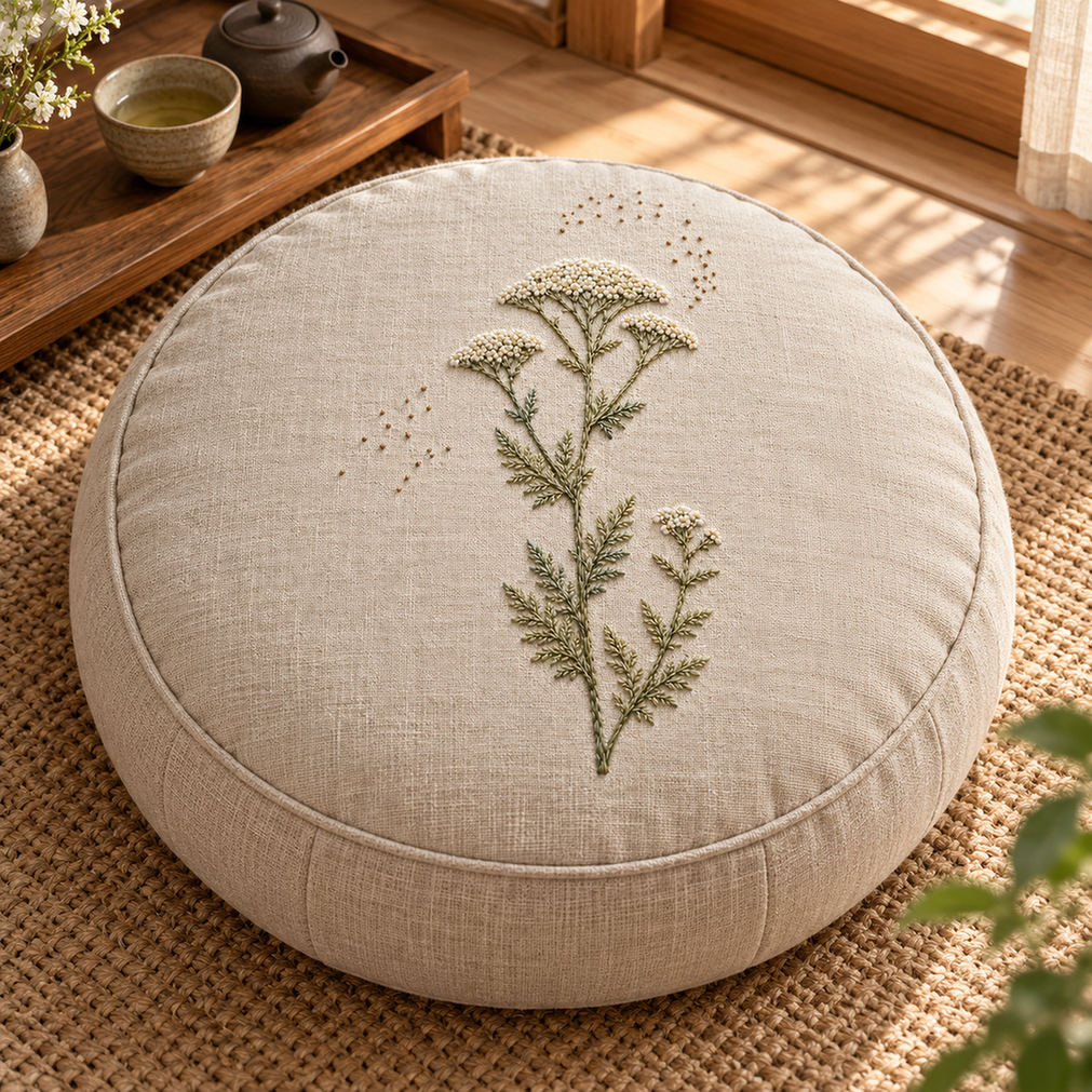 Round cushion mockup featuring the Yarrow Compass hand embroidery design. Ivory yarrow heads sit above tapered olive leaves, with old-gold seed marks scattered nearby.
