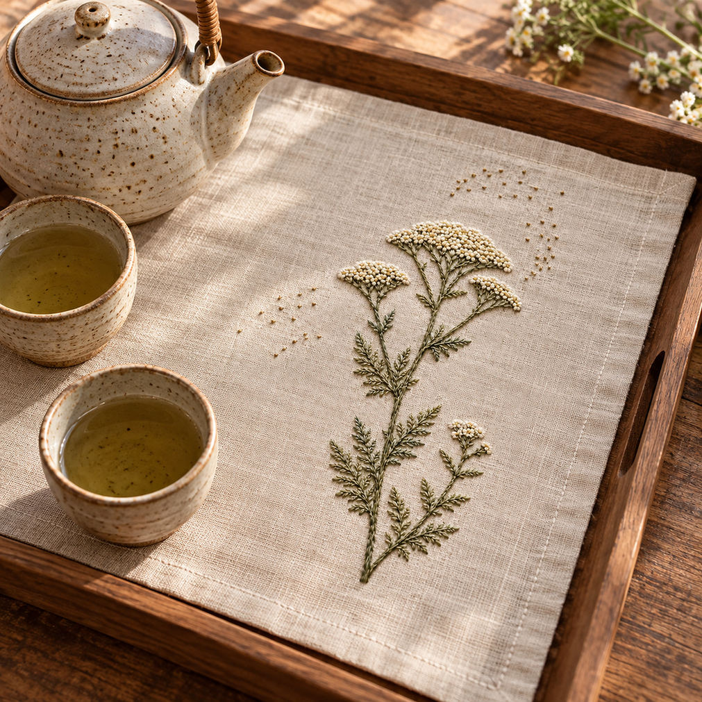 Linen laid on a table mockup featuring the Yarrow Compass hand embroidery design. Ivory yarrow heads sit above tapered olive leaves, with old-gold seed marks scattered nearby.