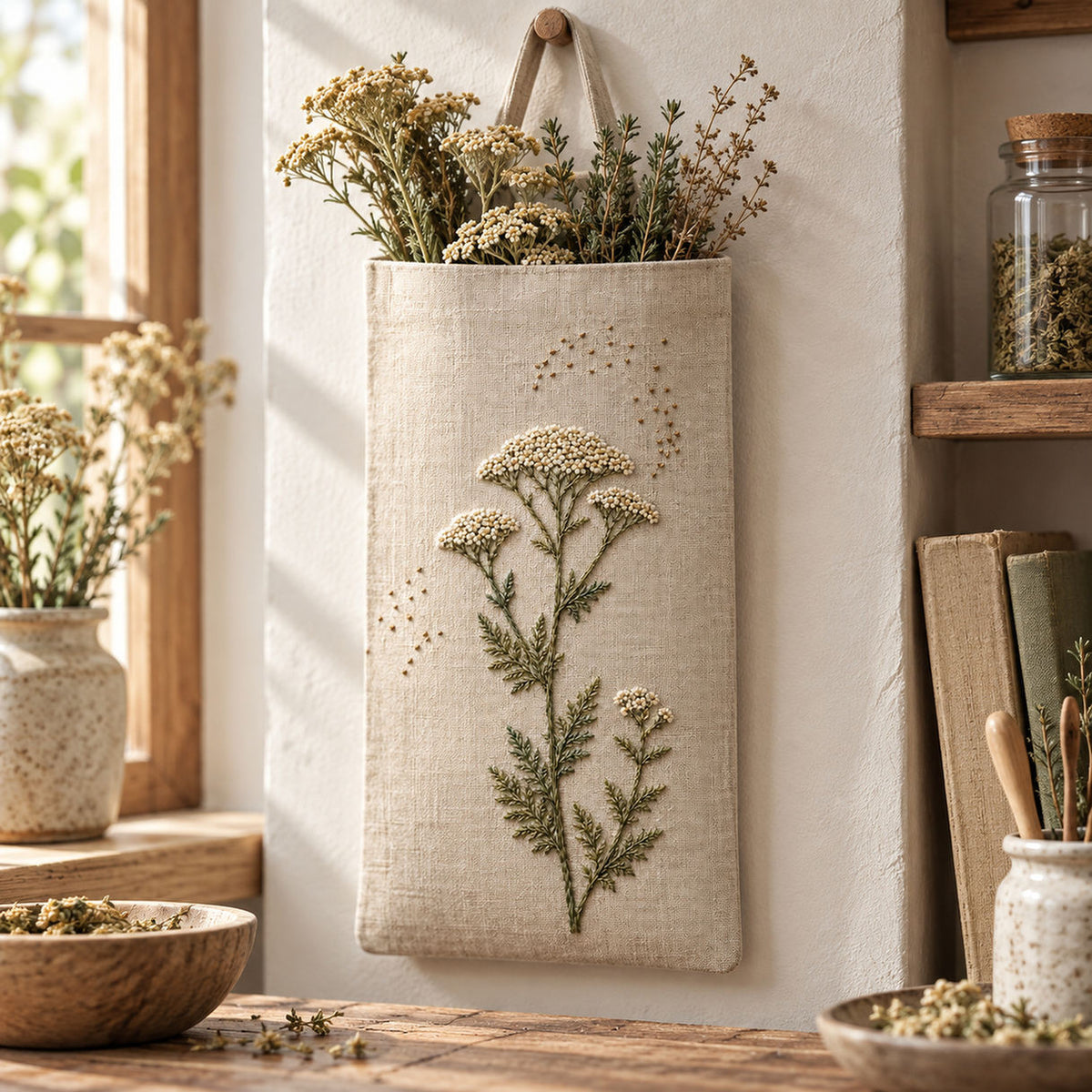 Hanging linen pocket mockup featuring the Yarrow Compass hand embroidery design. Ivory yarrow heads sit above tapered olive leaves, with old-gold seed marks scattered nearby.